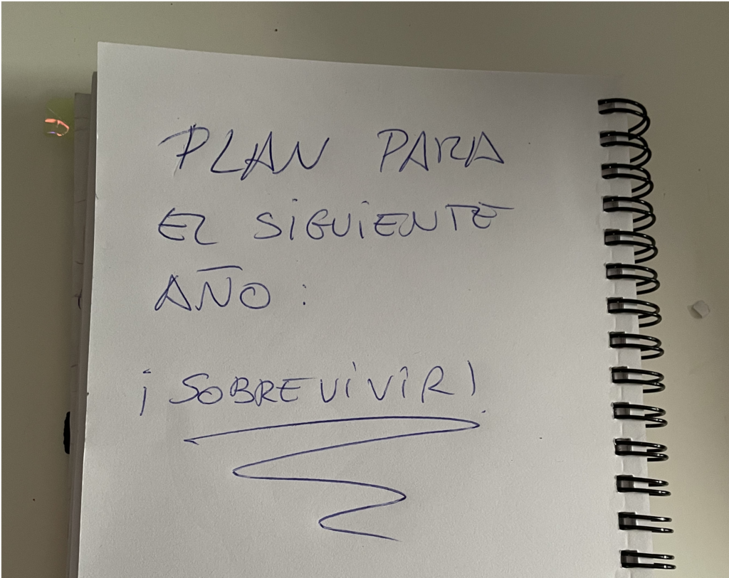 Cuaderno con las palabras: objetivo siguiente año sobrevivir